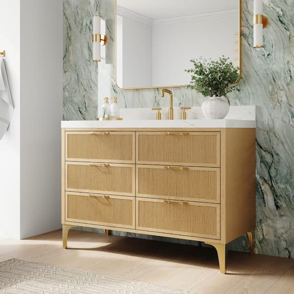 LYNOAK 48 in. Freestanding Solid Wood OAK Bath Vanity with White Calacatta Quartz Top, Soft Close Drawers, Assembled