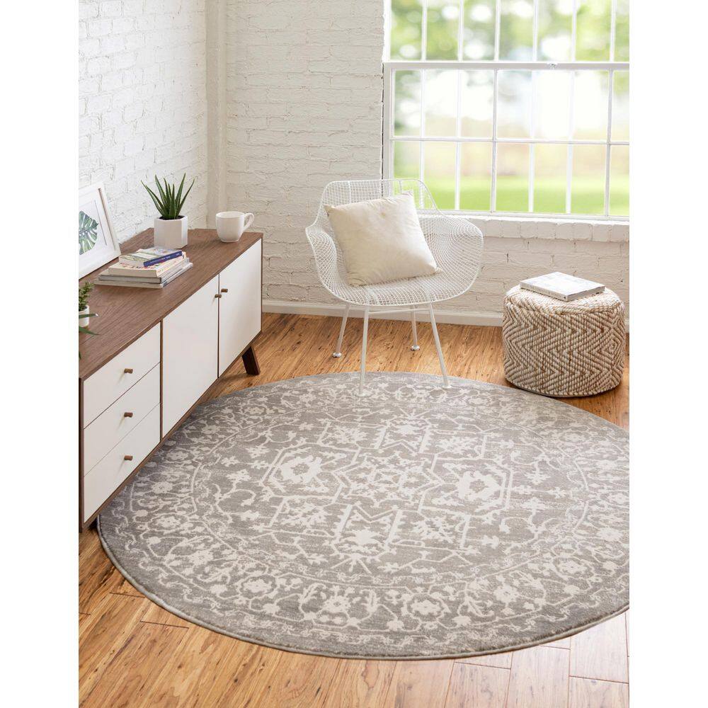 Light Gray Round Abstract Stain-Resistant Synthetic Rug