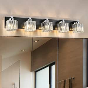 Orillia 35.4 in. 5-Light Black and Chrome Bathroom Vanity Light with Crystal Shades