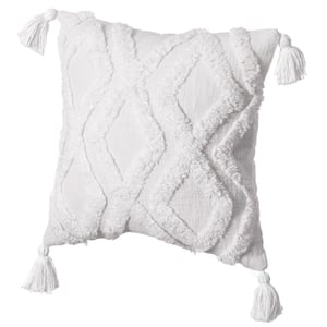16 in. x 16 in. White Handwoven Cotton Throw Pillow Cover with Large White Tufted Diamond Pattern and Tassel Corners