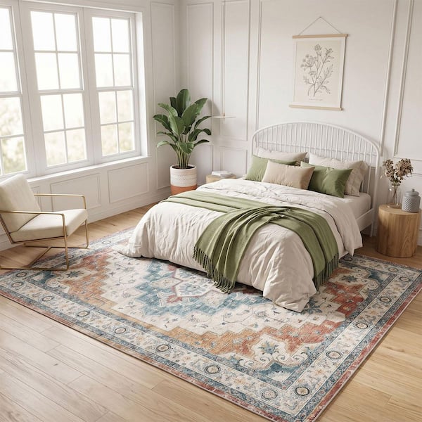 8 ft. x 10 ft. Gray Vintage Persian Washable, Traditional Oriental Indoor Carpet with Non-Slip Backing Area Rug