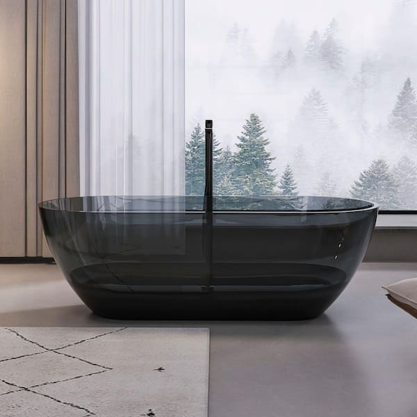Pure 68 in. x 29.5 in. Solid Surface Stone Resin Freestanding Flatbottom Soaking Bathtub in Transparent Gray