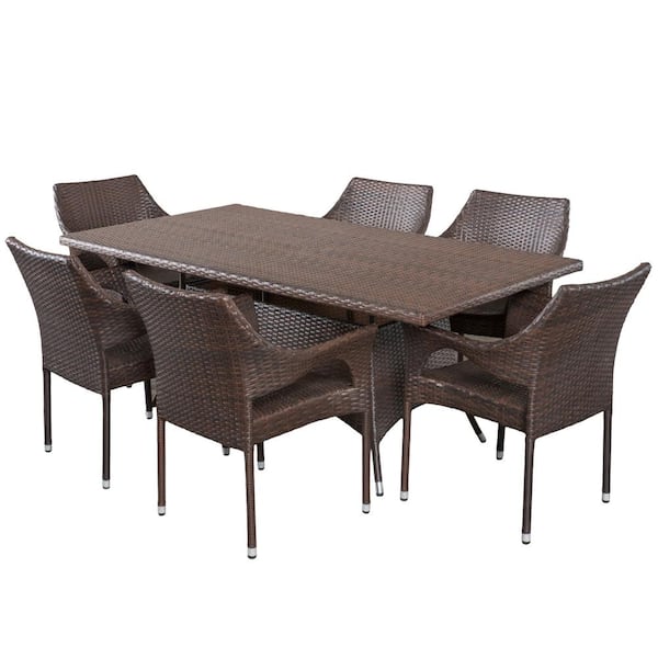 Noble House Sinclair Multi-Brown 7-Piece Faux Rattan Outdoor Patio Dining Set