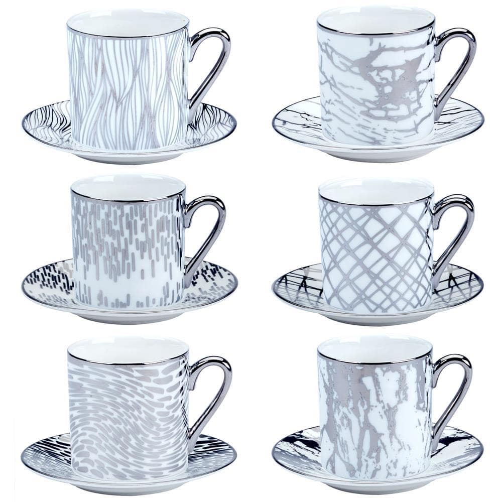 Matrix Silver Ceramic Espresso Cup and Saucer Set of 6