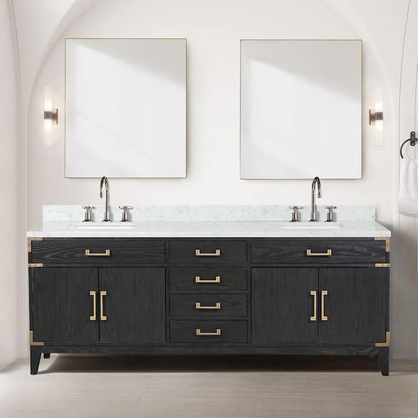 Lexora Fossa 84 in W x 22 in D Black Oak Double Bath Vanity and Carrara Marble Top