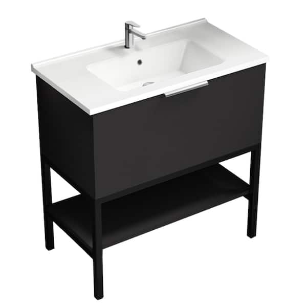 Bodrum 33.46 in. W x 17.72 in. D x 35.04 in. H Modern Bathroom Vanity in Matte Black With White Ceramic Top