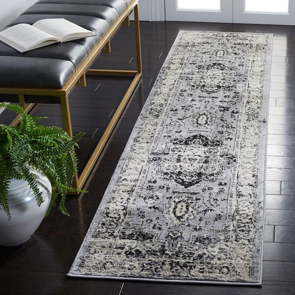 Brentwood 2 ft. x 8 ft. Gray/Black Distressed Medallion Runner Rug
