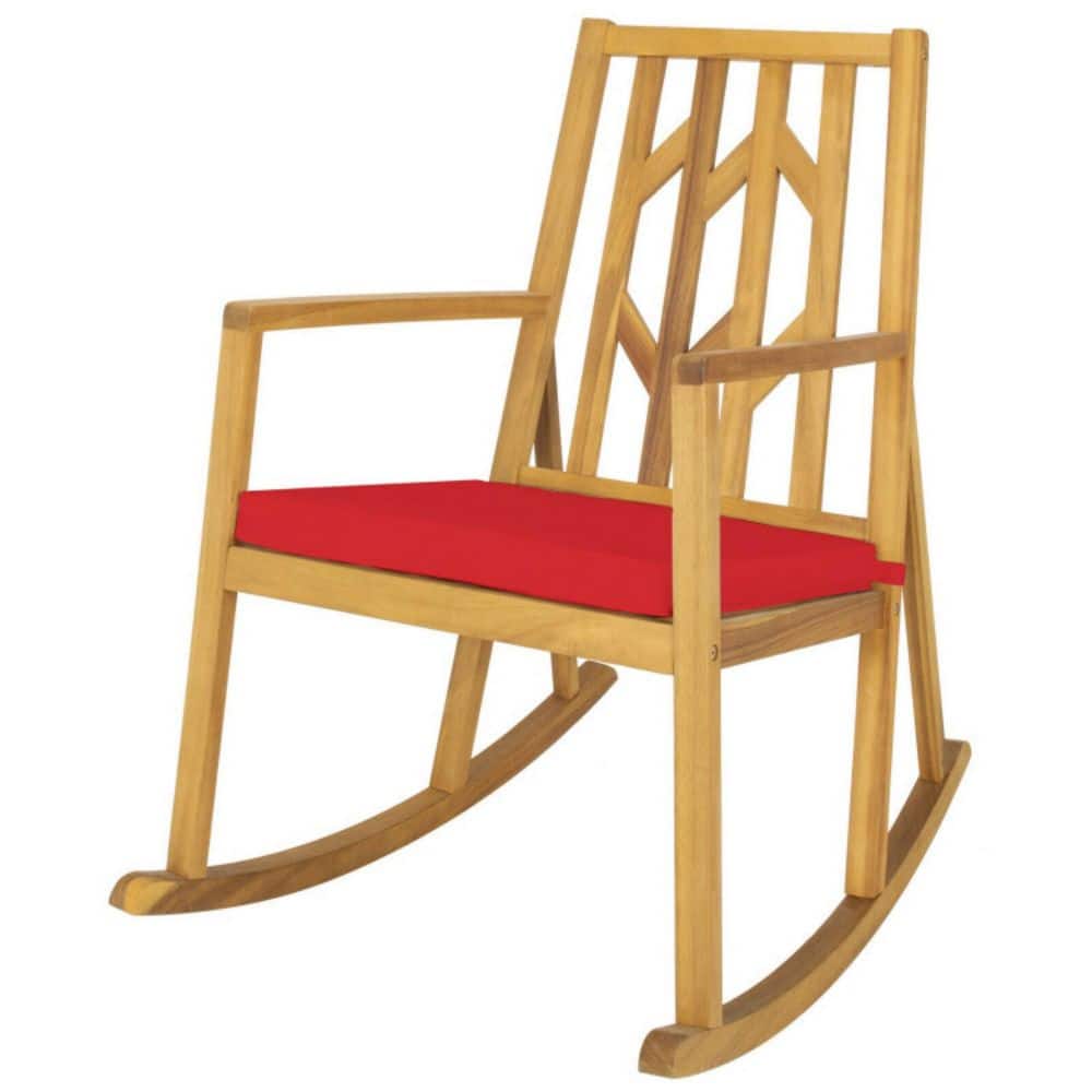 1-Piece Acacia Wood Patio Outdoor Rocking Chair with Armrest and Red Cushion for Garden, Deck