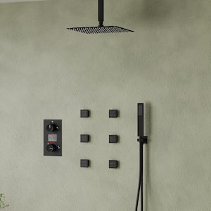 Knobs 3-Spray 12 in. Thermostatic Rain Dual Shower Head Fixed and Handheld Shower Head in Matte Black 2.5 GPM