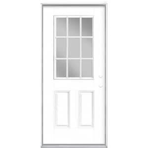 36 in. x 80 in. 9 Lite Pure White Left Hand Inswing Painted Smooth Fiberglass Prehung Front Exterior Door, Vinyl Frame