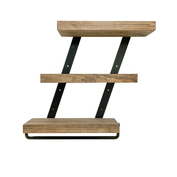 Unbranded Industrial 3-tier 5.5 in. x 16 in. x 23 in. Dark Walnut Pine Wood Floating Decorative Wall Shelf with Towel Bar
