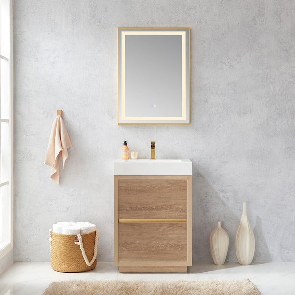 ROSWELL Palencia 24 in. W x 20 in. D x 33.9 in. H Single Sink Bath Vanity in N. American Oak with White Composite Top and Mirror