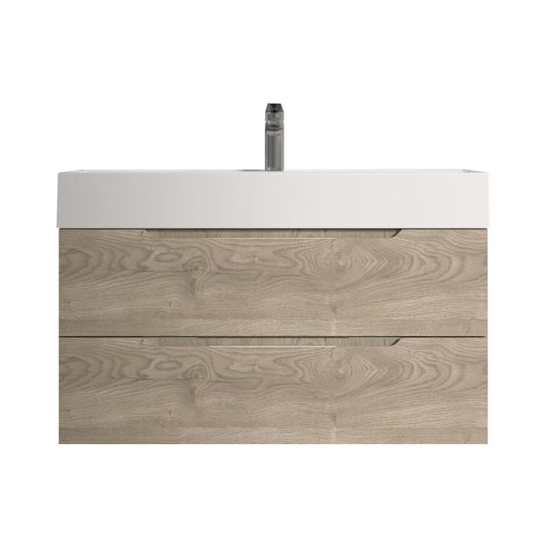 Combo-T 40 in. Single Evita Oak Bath Vanity Wall-Mounted Floating Vanities with Gloss White Resin Stone Top 2-Drawers
