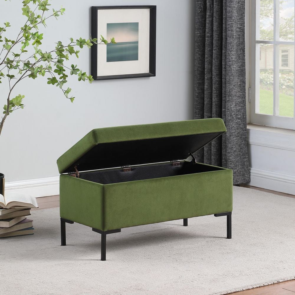 Green Velvet Storage Bench with Black Metal Legs