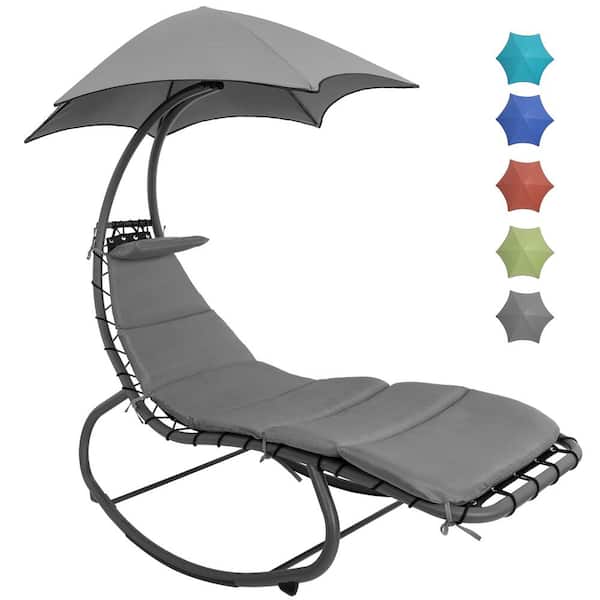 Wildaven Floating Gray Metal Steel Frame Outdoor Chaise Lounge Chair with Gray Umbrella and Gray Cushions