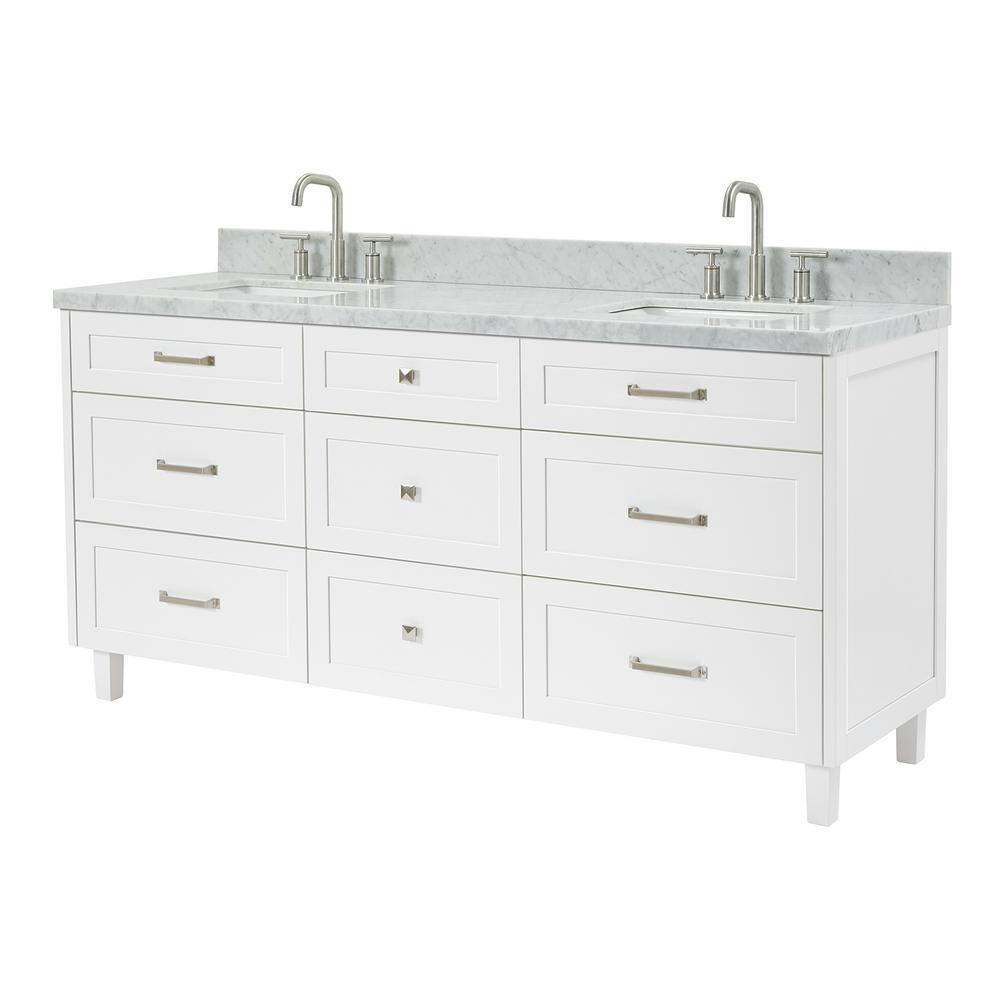 Monroe 73" White Double Sink Bathroom Vanity with Italian Carrara Marble Top