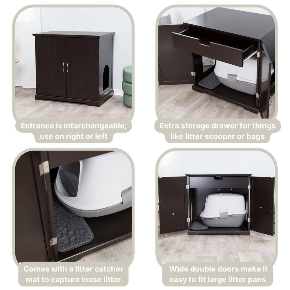 XL Espresso Brown Wooden Litter Box Enclosure with Drawer