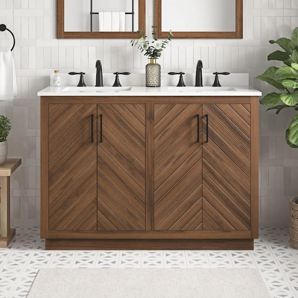Glacier Bay Huckleberry 48 in. W x 19 in. D x 34 in. H Double Sink Bath Vanity in Spiced Walnut with White Engineered Stone Top