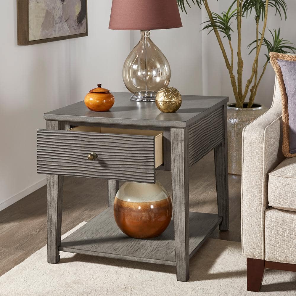 28 in. Antique Grey Finish Grey Fiber Cement Table With Self