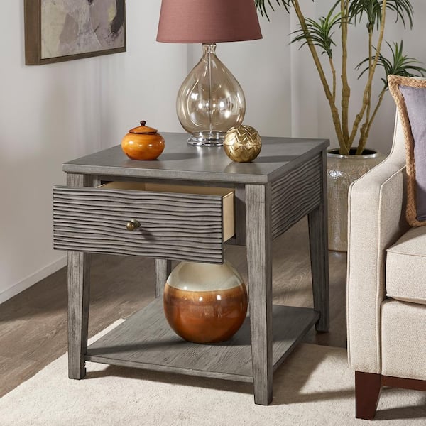 28 in. Antique Grey Finish Grey Fiber Cement Table With Self