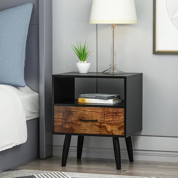 Wooden Night Stand End Table with Door and Shelf Black Finish Wood Bedroom NEW 