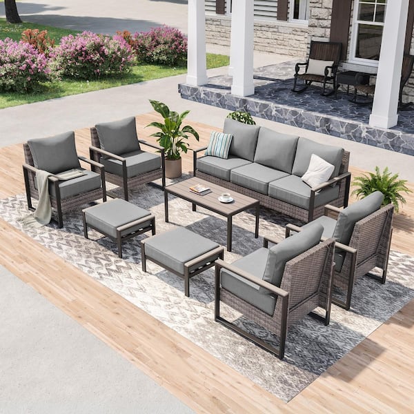 8 Pieces Patio Conversation Set Sofa Set with Coffee Table Gray PE Wicker with Gray Cushion