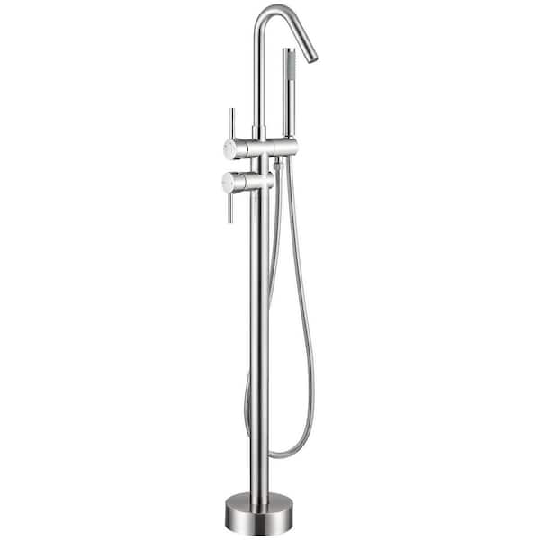 2-Handle Freestanding Floor Mount Roman Tub Faucet Bathtub Filler with High spout in Brushed Nickel