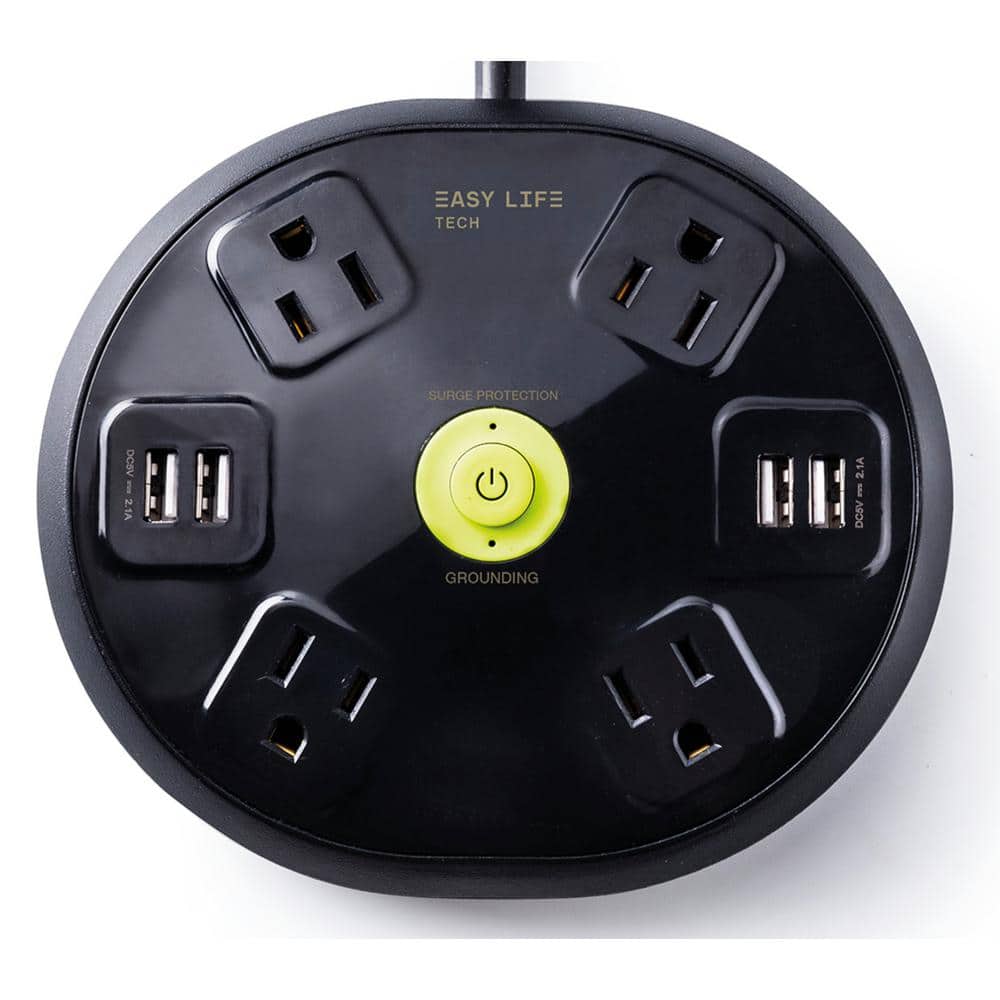 EasyLife Tech 6 ft. 4-Outlet, 4-USB, Round Hub Surge Protector - Black -  0-2514-N