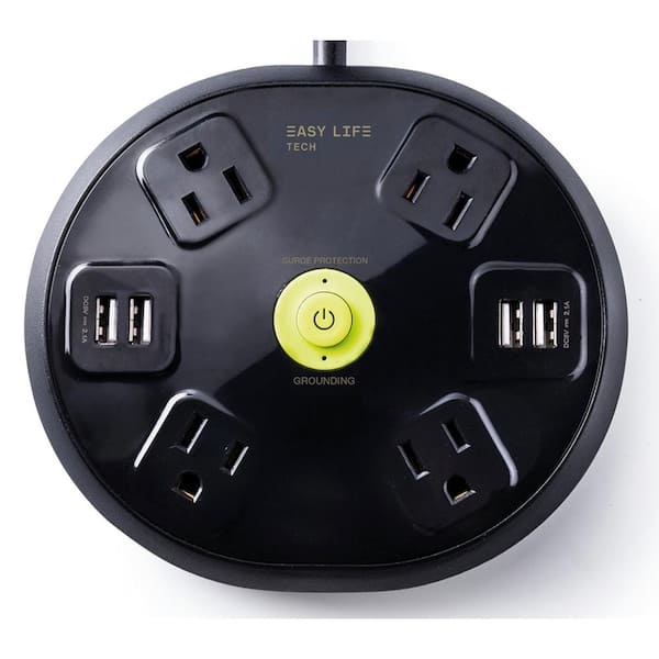 EasyLife Tech 6 ft. 4-Outlet, 4-USB, Round Hub Surge Protector - Black