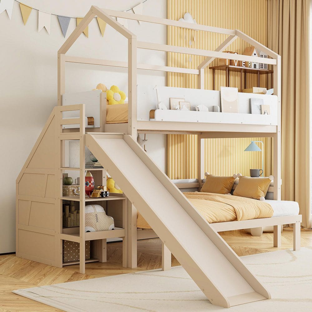 Harper & Bright Designs Beige and White Twin Over Full Convertible Wood ...
