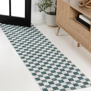 Aimee Turquoise/Cream 2 ft. x 8 ft. Traditional Cottage Checkerboard Indoor/Outdoor Runner Rug