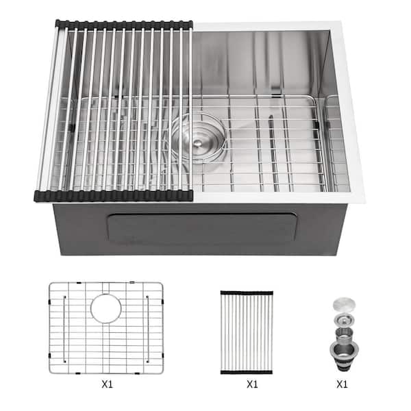 Unbranded Brushed Nickel Stainless Steel 21 in. 18 Gauge Single Bowl Undermount Kitchen Sink with Bottom Rinse Grid