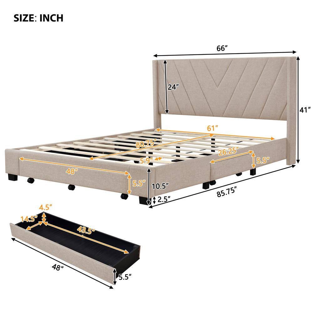 Beige Linen Upholstered Queen Platform Bed with Storage Drawers