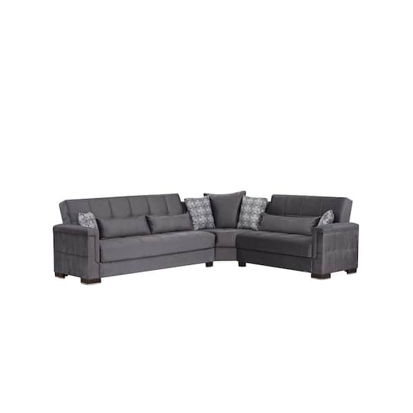 Ottomanson Basics Pro Collection 3-Piece 108.7 in. Microfiber Convertible Sofa Bed Sectional 6-Seater With Storage, Dark Grey