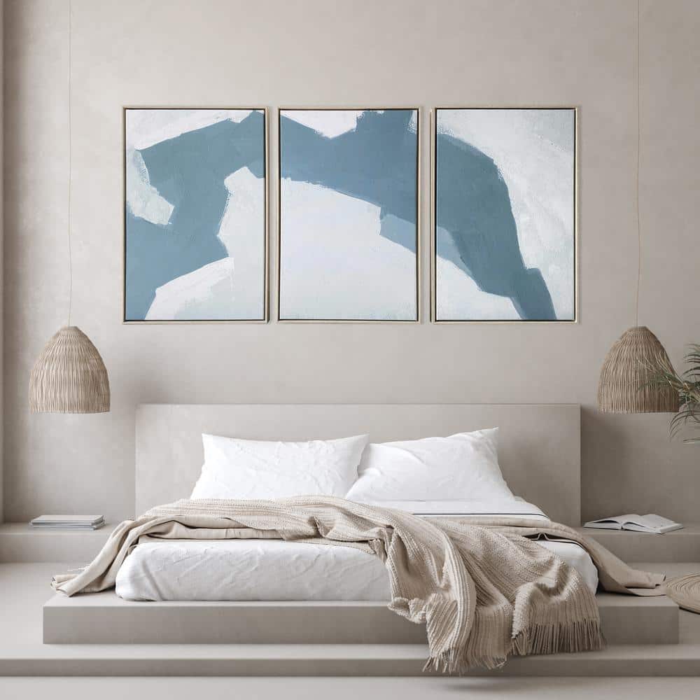 48" x 24" Abstract Blues Triptych Canvas with Gold Frame