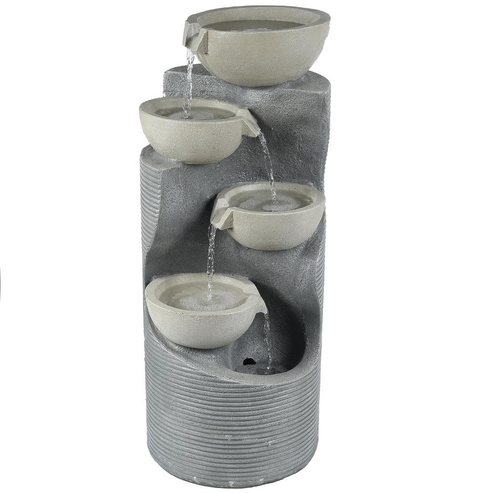 LuxenHome Modern Gray Resin Tiered Bowls Outdoor Fountain with Lights ...