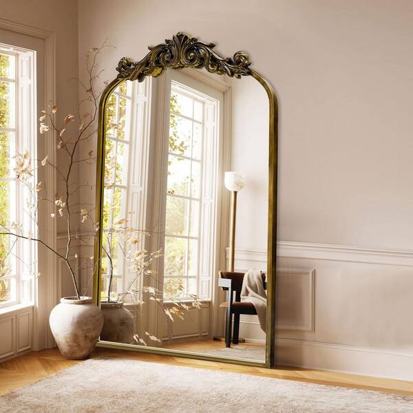 Sxiawe 18.9 in. W x 31.1 in. H Ornate Baroque Antique Brass Vintage Stainless Metal Frame Arched Wall Mirror HG4MGZM4879 AB