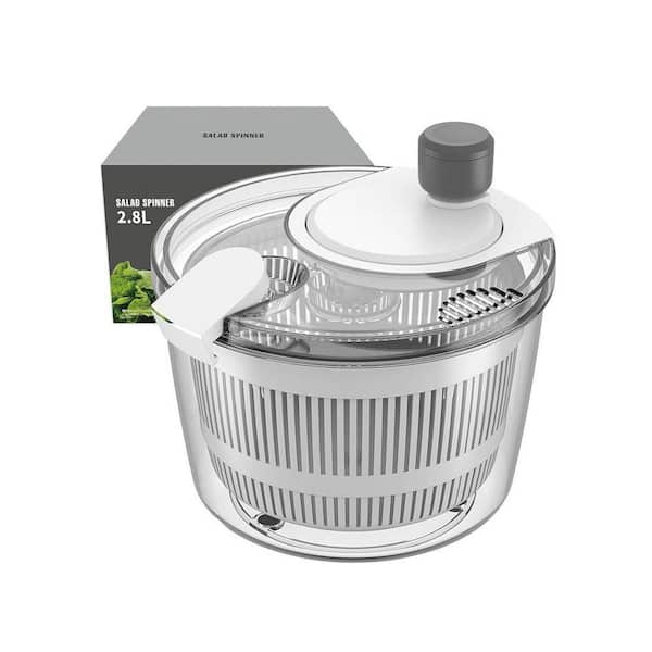 Salad Spinner with Hand-Crank Rotary Lettuce Dryer Transparent Bowl Colander Stop Button White 2.8 qt.