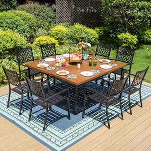 9-Piece Metal Outdoor Dining Set with Brwon Square Table and Black Elegant Stackable Chairs
