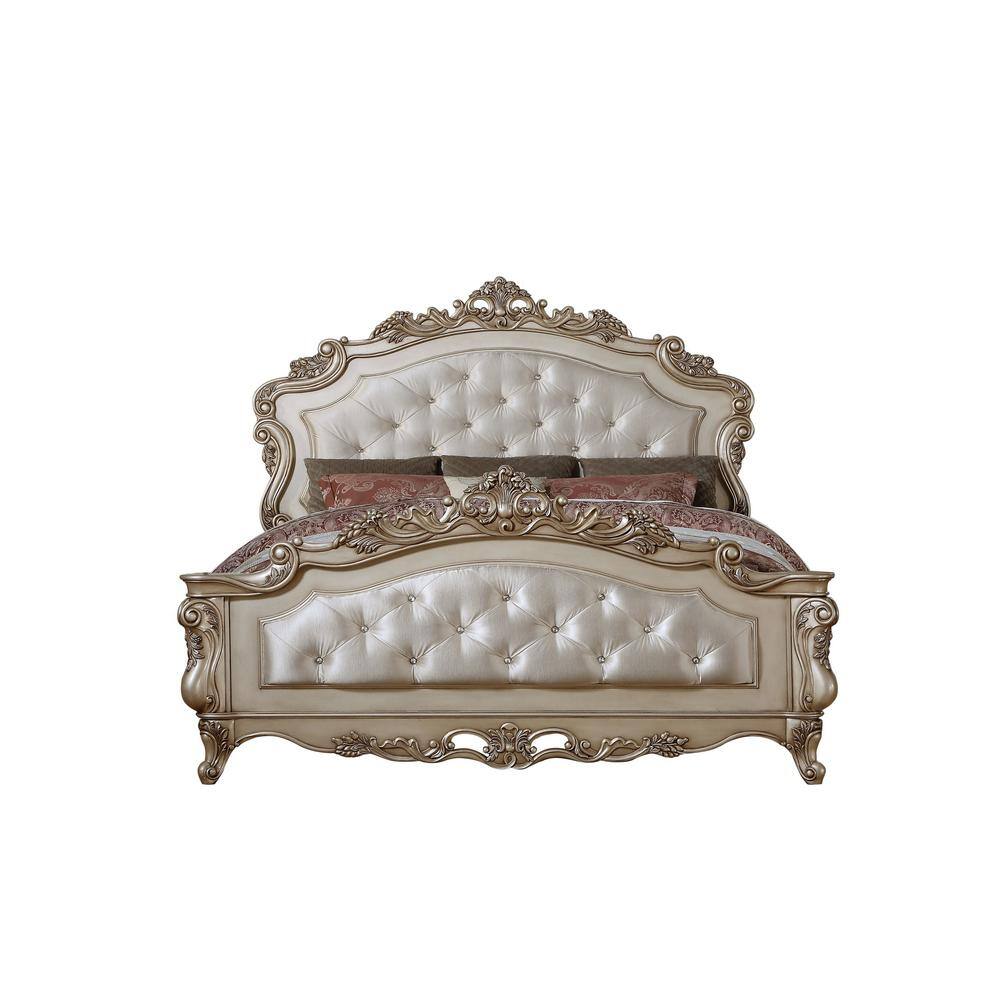 Antique White California King Upholstered Wood Bed with Tufted Headboard