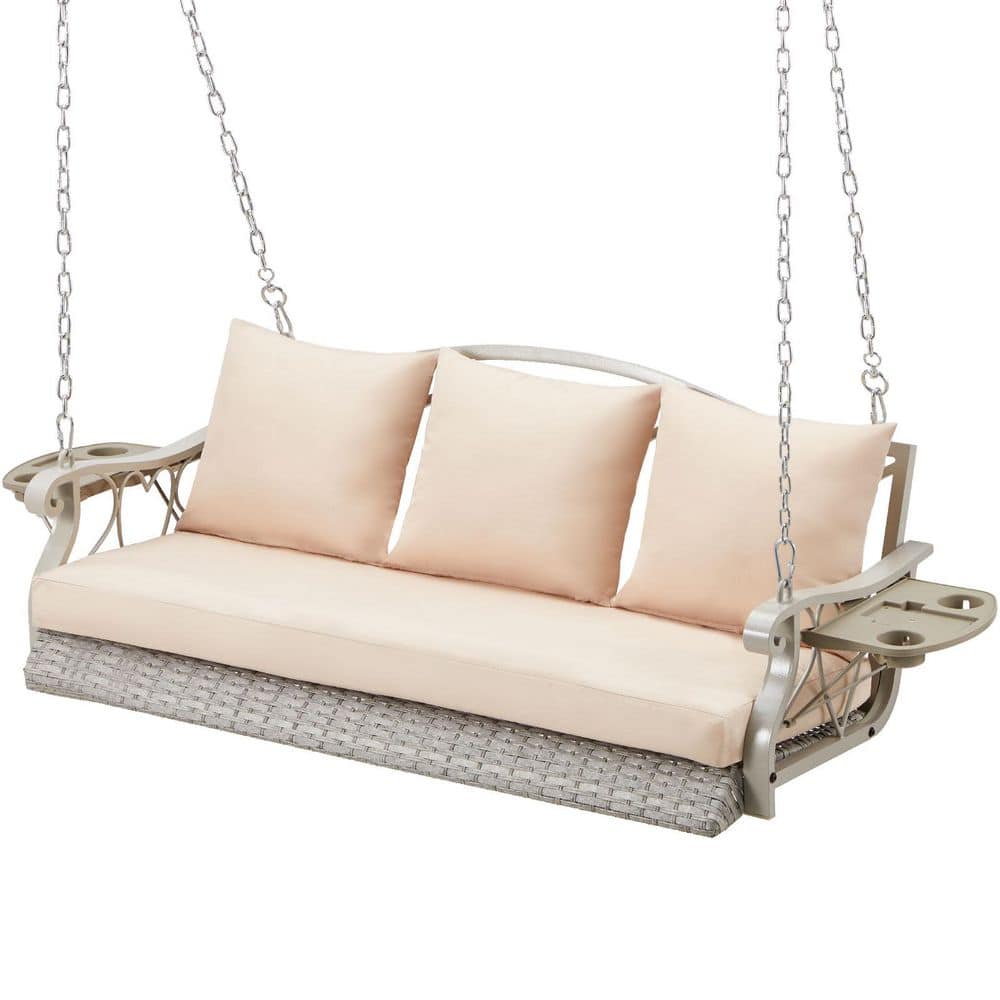 3-Person Heavy Duty 900 lbs. White Wicker Outdoor Patio Swing with Khaki Cu