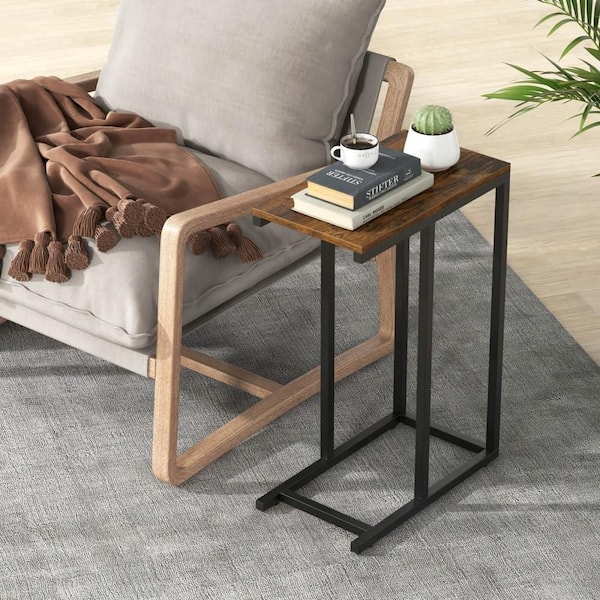 Costway 18 in. Brown Wood Brown C-Shaped Rectangle Side Table Industrial Sofa Table with Heavy-Duty Metal Frame