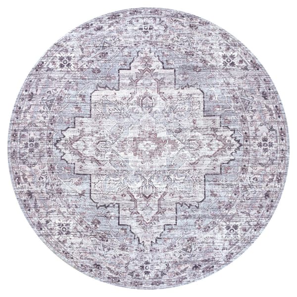 Didim Boho Gray/Purple 5 ft. Medallion Machine-Washable Round Area Rug