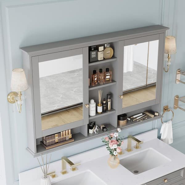 ANGELES HOME 55 in. W x 35 in. H Rectangular Solid Wood Bathroom Medicine Cabinet with Mirror, 2 Soft-Closed Doors, Easy Hang, Gray
