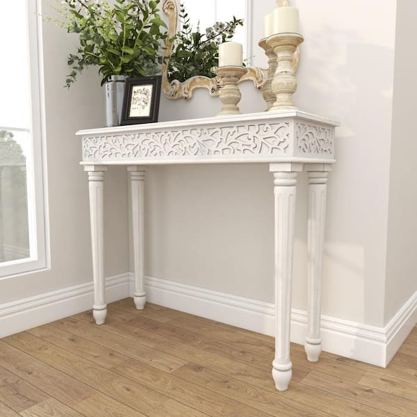 Litton Lane 36 in. White Extra Large Rectangle Wood Intricately Carved Scroll Console Table