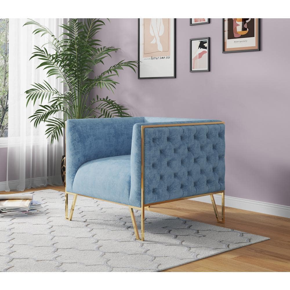 Ocean Blue Velvet Barrel Accent Chair with Geometric Metal Base