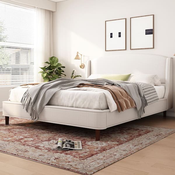 Beige Wood Frame King Size Upholstered Platform Bed with Wingback Headboard