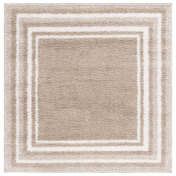SAFAVIEH Border and Stripe Shag 7 ft. x 7 ft. Beige/Ivory Concentric Border square Area Rug