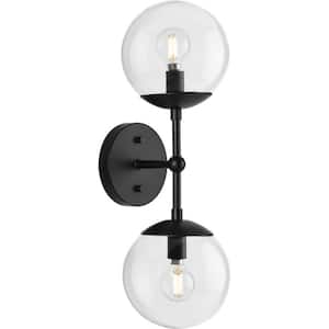 Atwell Collection 6 in. 2-Light Matte Black Mid-Century Modern Wall Sconce with Clear Glass Shade