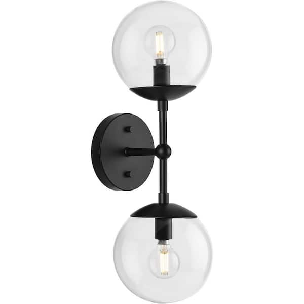 Progress Lighting Atwell Collection 6 in. 2-Light Matte Black Mid-Century Modern Wall Sconce with Clear Glass Shade